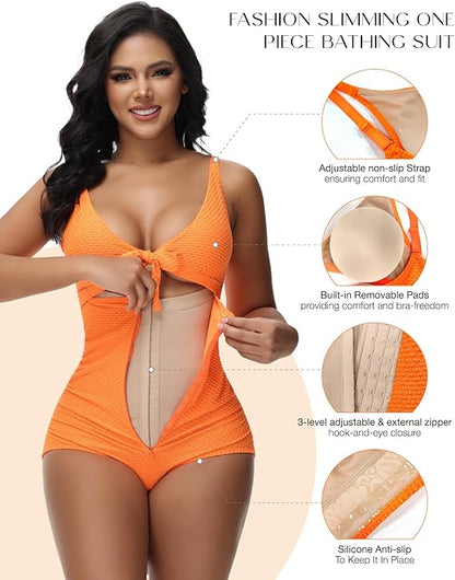 Shapshe® Women's Tummy Control Swimsuit Cutout Tie Knot Front Push Up Shapewear Bathing Suit