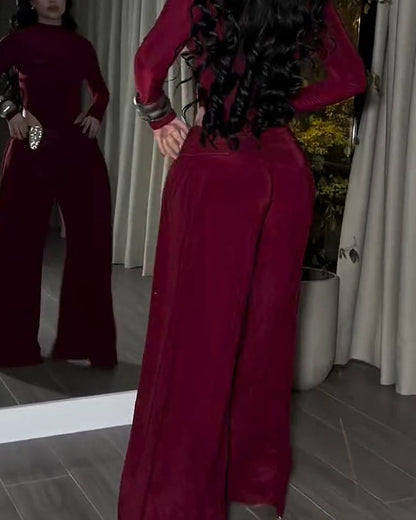 Two-Piece Set Turtleneck Side Cutout Rhinestone Wide Leg Pants (Pre-sale)