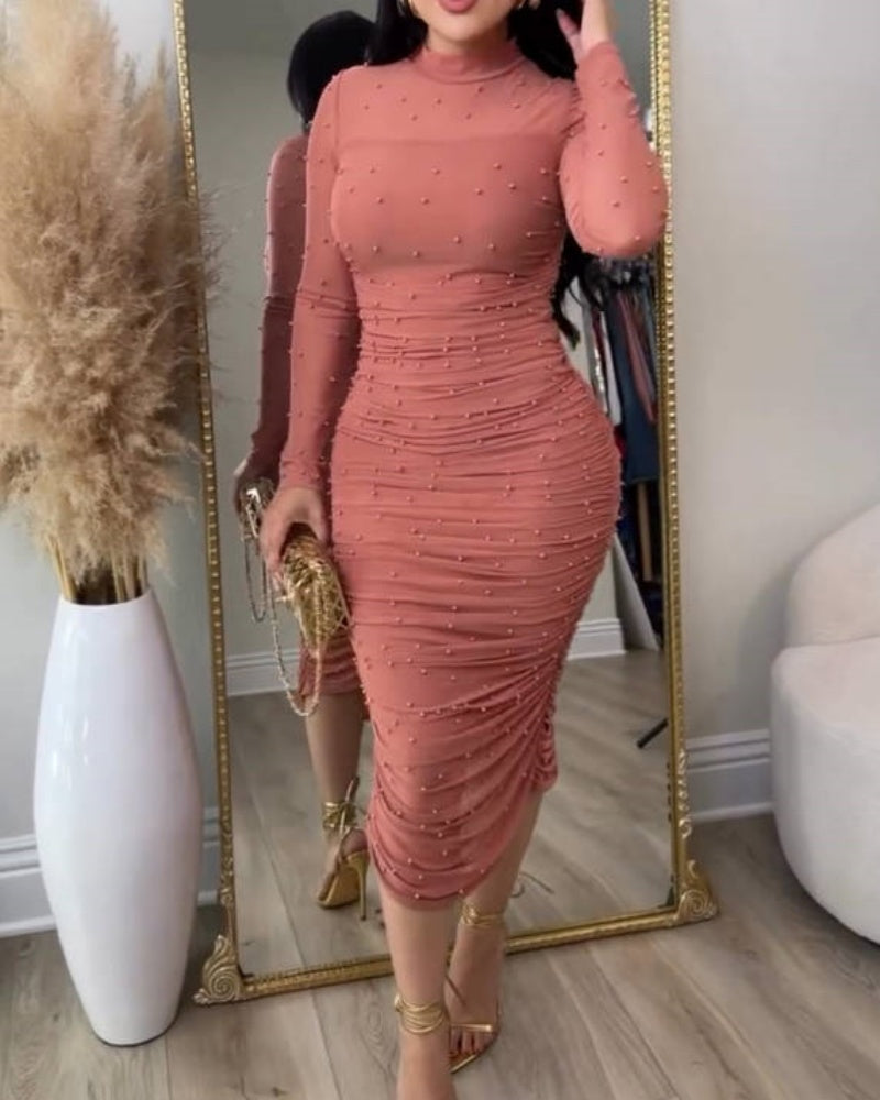 Elegant Mesh Paneled Ruched Bodycon Midi Dress with Mock Neck