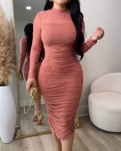 Elegant Mesh Paneled Ruched Bodycon Midi Dress with Mock Neck