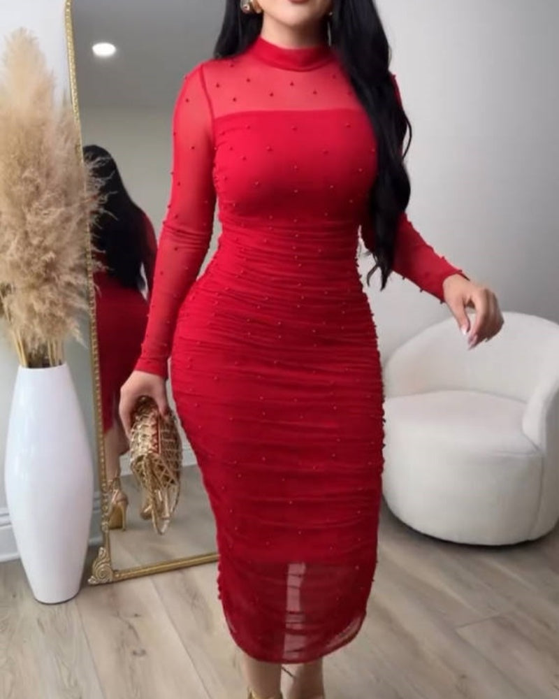 Elegant Mesh Paneled Ruched Bodycon Midi Dress with Mock Neck