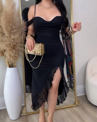 Glamorous Off Shoulder Dress with Ruffled Asymmetrical Slit
