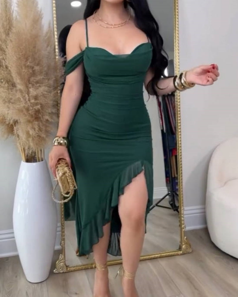 Glamorous Off Shoulder Dress with Ruffled Asymmetrical Slit