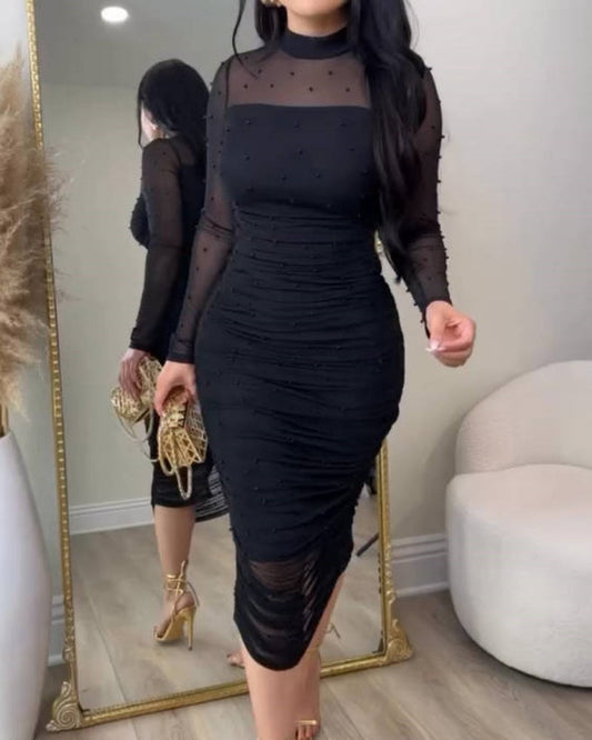 Elegant Mesh Paneled Ruched Bodycon Midi Dress with Mock Neck