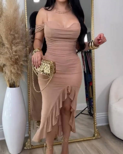 Glamorous Off Shoulder Dress with Ruffled Asymmetrical Slit
