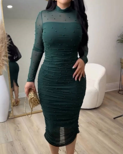 Elegant Mesh Paneled Ruched Bodycon Midi Dress with Mock Neck