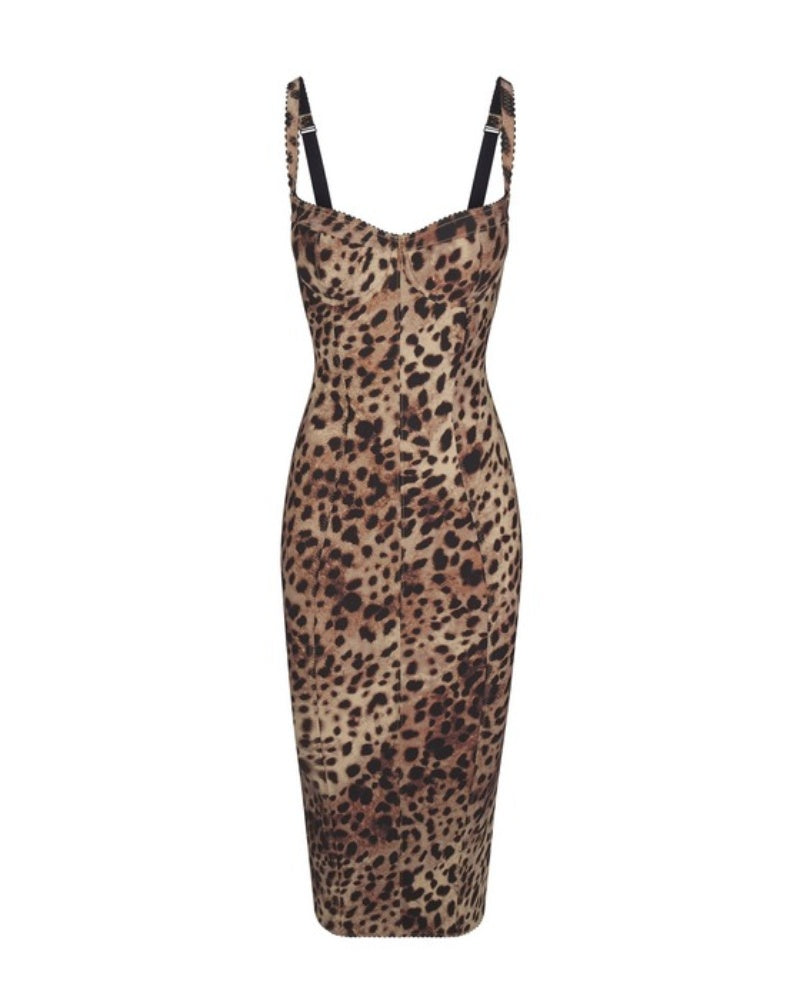 Women's Leopard Mesh-lined Underwire Cup Stretch Bodycon Midi Dress