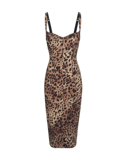 Women's Leopard Mesh-lined Underwire Cup Stretch Bodycon Midi Dress
