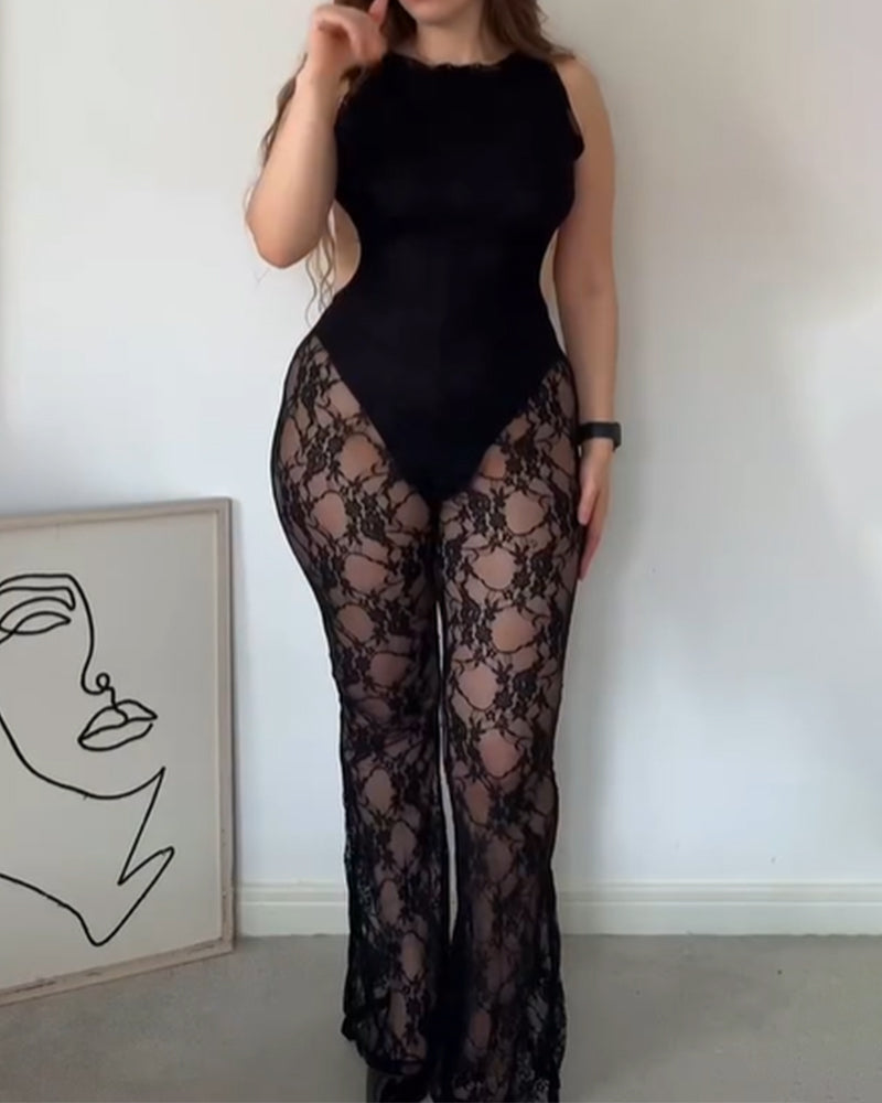 Sexy Halter Backless Lace Sheer Wide-Leg Pants Two-Piece Set (Pre-sale)