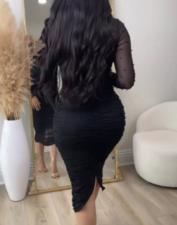 Elegant Mesh Paneled Ruched Bodycon Midi Dress with Mock Neck