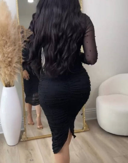 Elegant Mesh Paneled Ruched Bodycon Midi Dress with Mock Neck