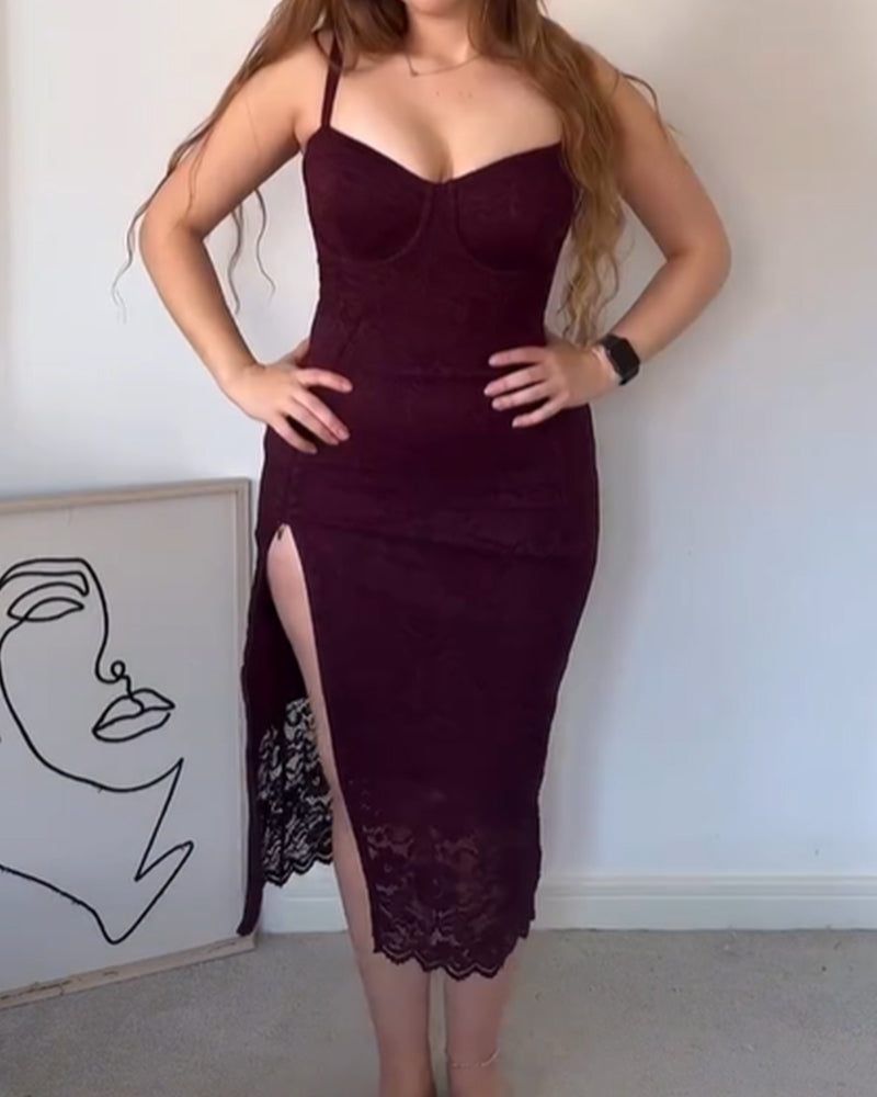 Sweetheart Neck Lace Back Tie Side Slit Bodycon Midi Dress (Pre-sale)