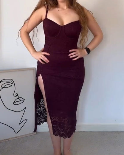 Sweetheart Neck Lace Back Tie Side Slit Bodycon Midi Dress (Pre-sale)