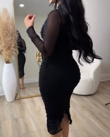 Elegant Mesh Paneled Ruched Bodycon Midi Dress with Mock Neck