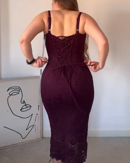 Sweetheart Neck Lace Back Tie Side Slit Bodycon Midi Dress (Pre-sale)