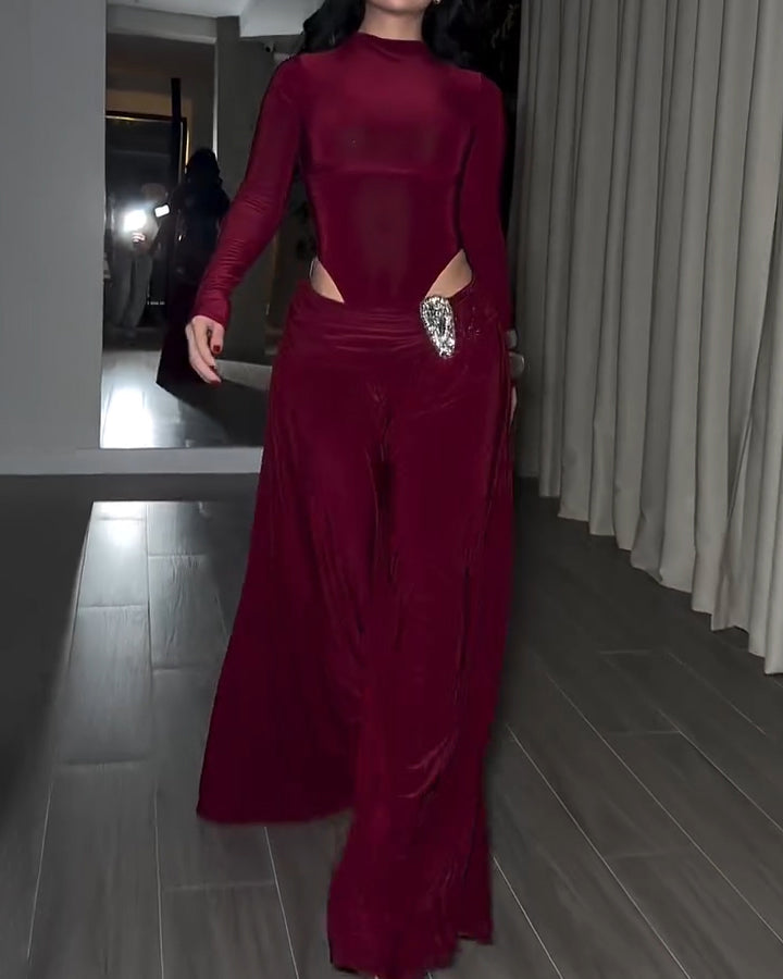 Two-Piece Set Turtleneck Side Cutout Rhinestone Wide Leg Pants (Pre-sale)