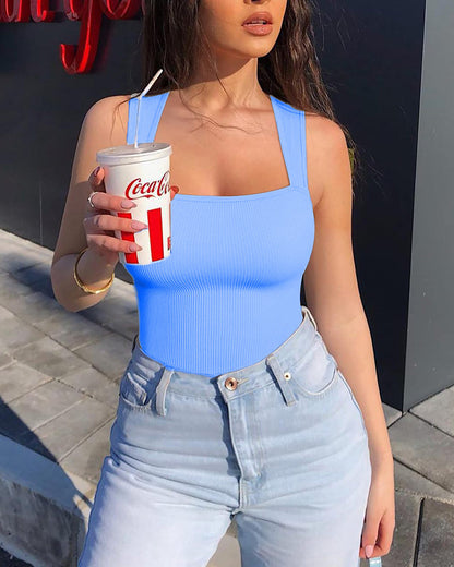 Shapshe® Square Neck Sleeveless Knit Ribbed Seamless Tummy Control Tank Tops Bodysuit