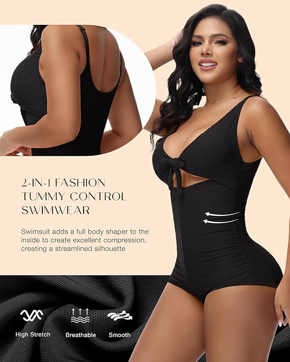 Shapshe® Women's Tummy Control Swimsuit Cutout Tie Knot Front Push Up Shapewear Bathing Suit