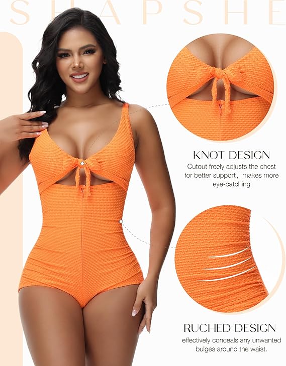 Shapshe® Women's Tummy Control Swimsuit Cutout Tie Knot Front Push Up Shapewear Bathing Suit