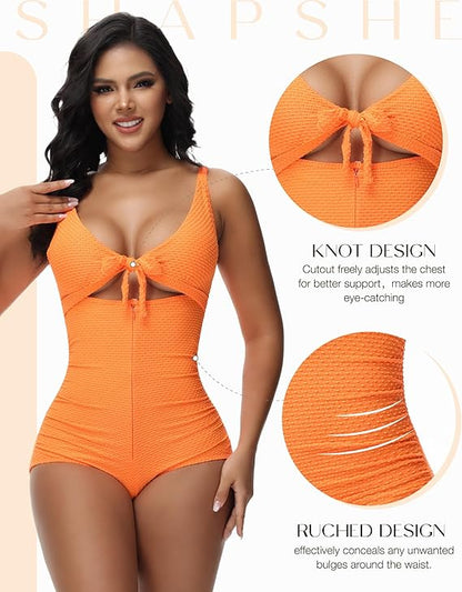 Shapshe® Women's Tummy Control Swimsuit Cutout Tie Knot Front Push Up Shapewear Bathing Suit