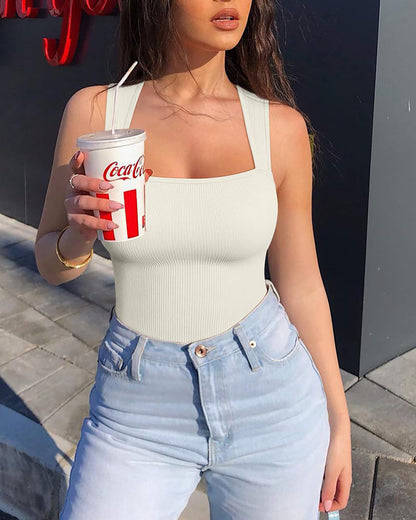 Shapshe® Square Neck Sleeveless Knit Ribbed Seamless Tummy Control Tank Tops Bodysuit