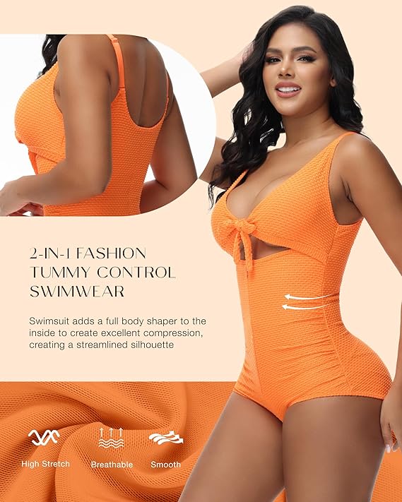 Shapshe® Women's Tummy Control Swimsuit Cutout Tie Knot Front Push Up Shapewear Bathing Suit