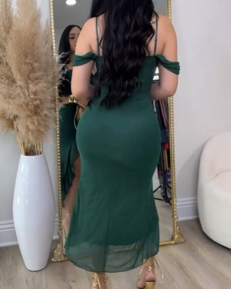 Glamorous Off Shoulder Dress with Ruffled Asymmetrical Slit