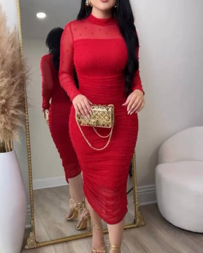 Elegant Mesh Paneled Ruched Bodycon Midi Dress with Mock Neck