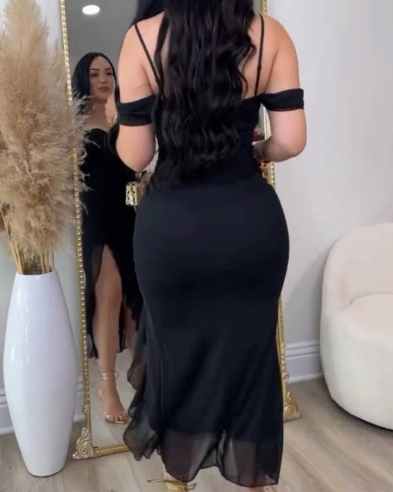 Glamorous Off Shoulder Dress with Ruffled Asymmetrical Slit