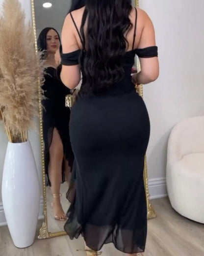 Glamorous Off Shoulder Dress with Ruffled Asymmetrical Slit