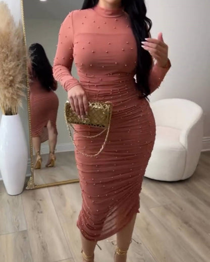 Elegant Mesh Paneled Ruched Bodycon Midi Dress with Mock Neck