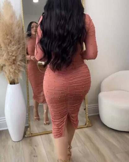 Elegant Mesh Paneled Ruched Bodycon Midi Dress with Mock Neck