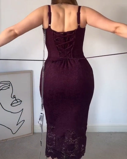 Sweetheart Neck Lace Back Tie Side Slit Bodycon Midi Dress (Pre-sale)