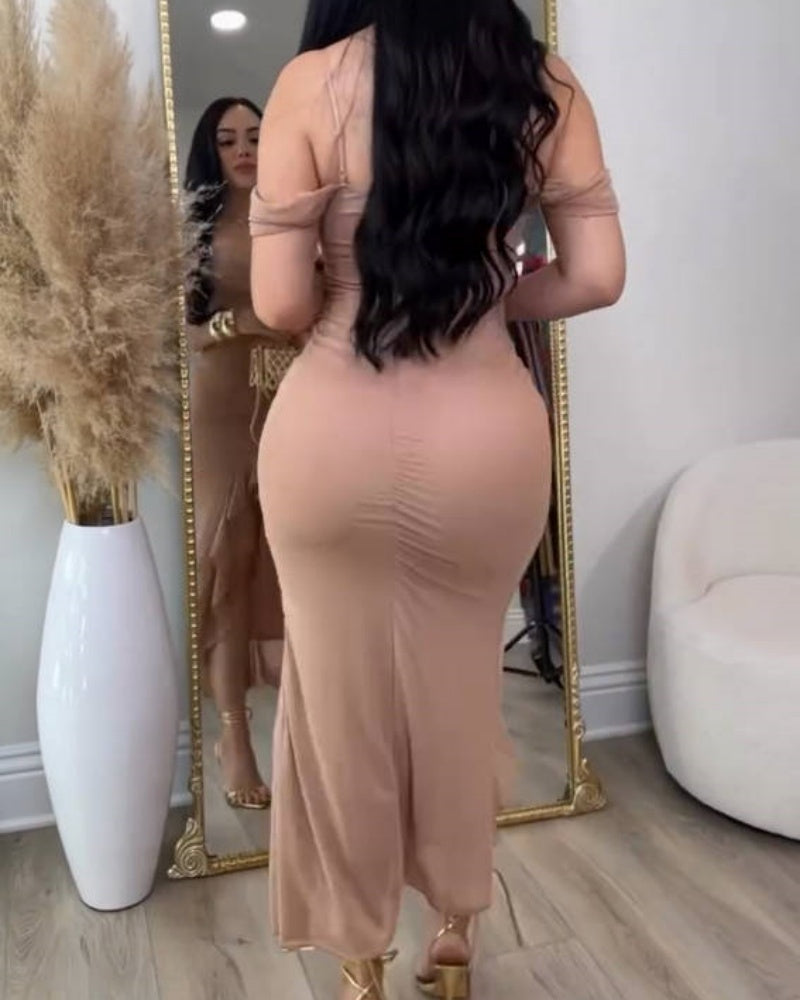 Glamorous Off Shoulder Dress with Ruffled Asymmetrical Slit