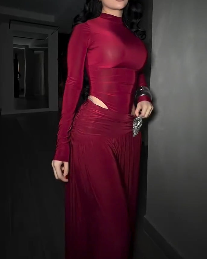 Two-Piece Set Turtleneck Side Cutout Rhinestone Wide Leg Pants (Pre-sale)