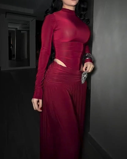 Two-Piece Set Turtleneck Side Cutout Rhinestone Wide Leg Pants (Pre-sale)