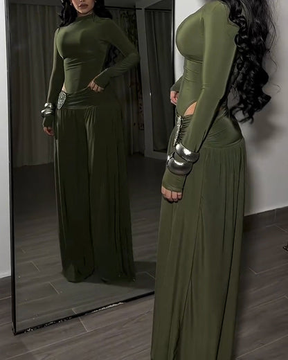 Two-Piece Set Turtleneck Side Cutout Rhinestone Wide Leg Pants (Pre-sale)