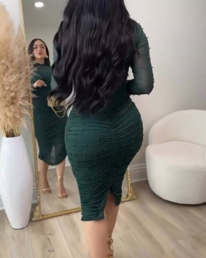 Elegant Mesh Paneled Ruched Bodycon Midi Dress with Mock Neck