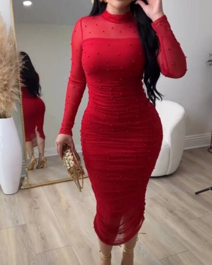 Elegant Mesh Paneled Ruched Bodycon Midi Dress with Mock Neck